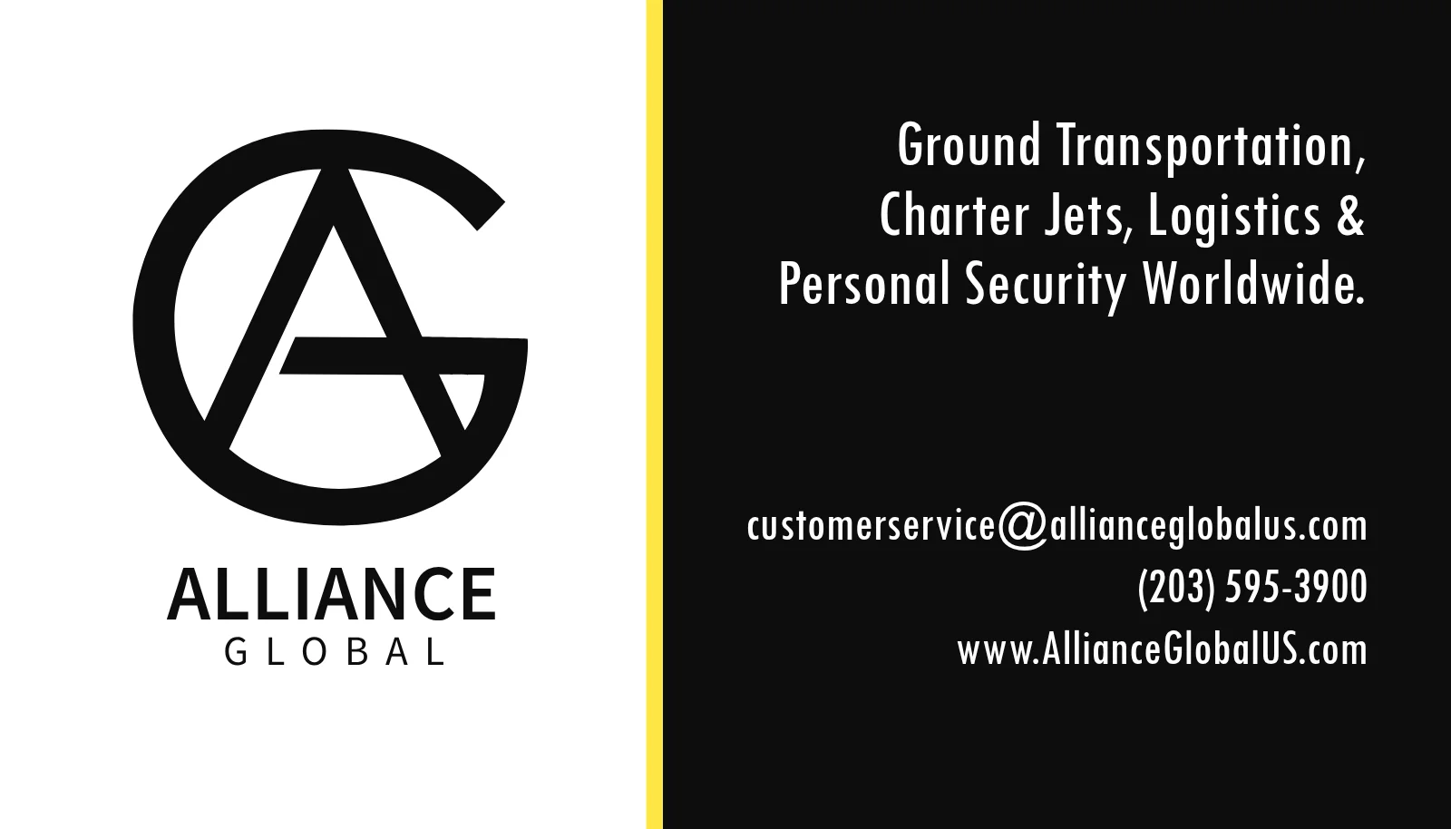 Business card artwork designed for Alliance Global — a black AG monogram beside a black panel with contact details