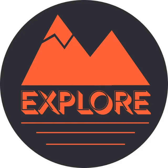 Explore sticker artwork — orange mountains and the word Explore on a dark circular sticker