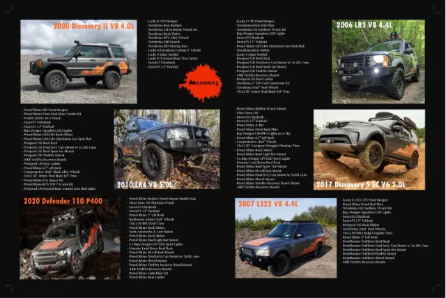 Lucky 8 display poster artwork — photographs of six built Land Rovers with their parts lists