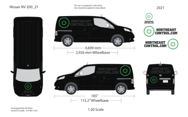 Northeast Control vehicle graphics production layout — top, side and rear views of a 2021 Nissan NV200 at 1:20 scale with dimensions and logo placements