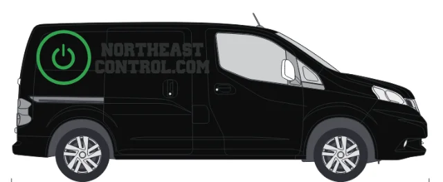 Northeast Control van graphics — a green power symbol and the northeastcontrol.com wordmark on a satin black Nissan NV200