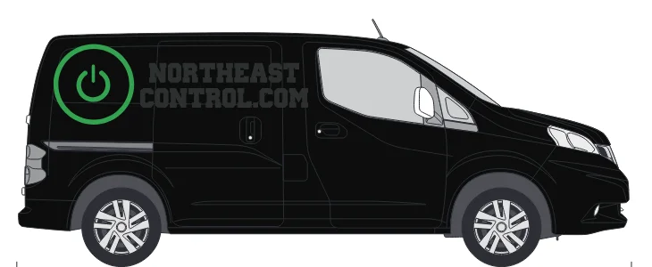 Northeast Control vehicle graphics on a compact van