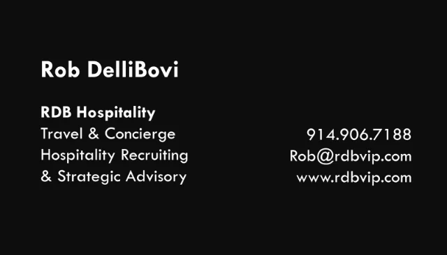 RDB Hospitality business card artwork — white type on a black card